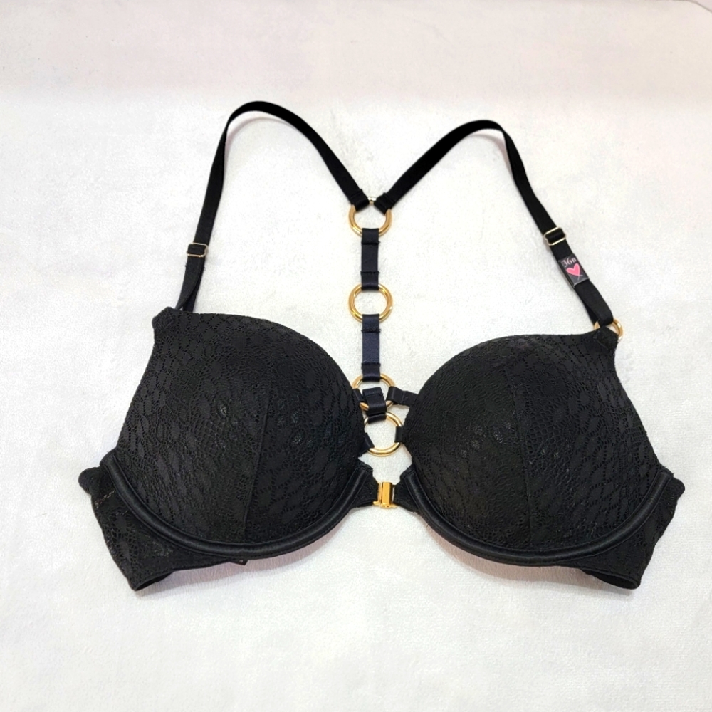Victoria’s Secret Very Sexy Push-Up Bra Front-Close- Gold Ring T-Strap 36B New